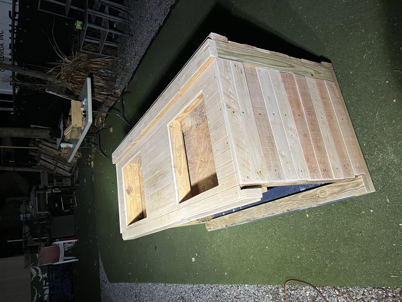The finished booth at night in the venue yard